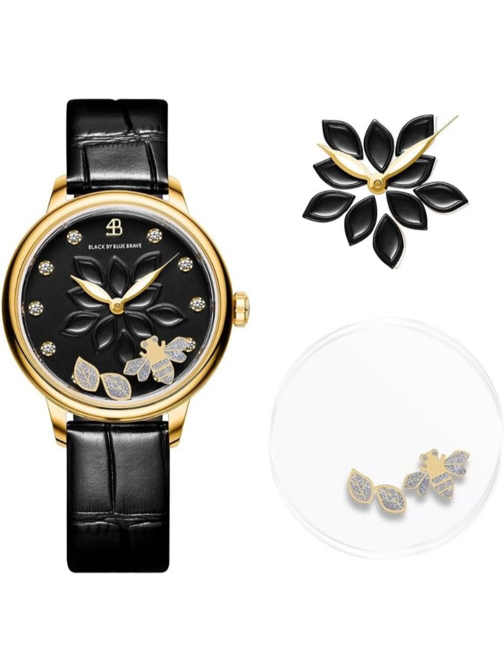 Women's Black Bee Between Double Sapphire Glass with Genuine Leather Strap Watch